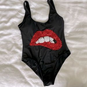 Black One-Piece Swimsuit with sequins lips